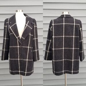 Vintage 70s Miss New Yorker Wool Blend? Windowpane Plaid Black and White Coat Lg